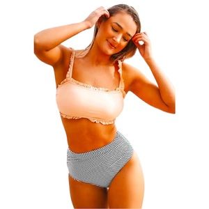 CUPSHE Pink Bandeau Top Bikini with High Waisted Striped Bottoms - Size XXL